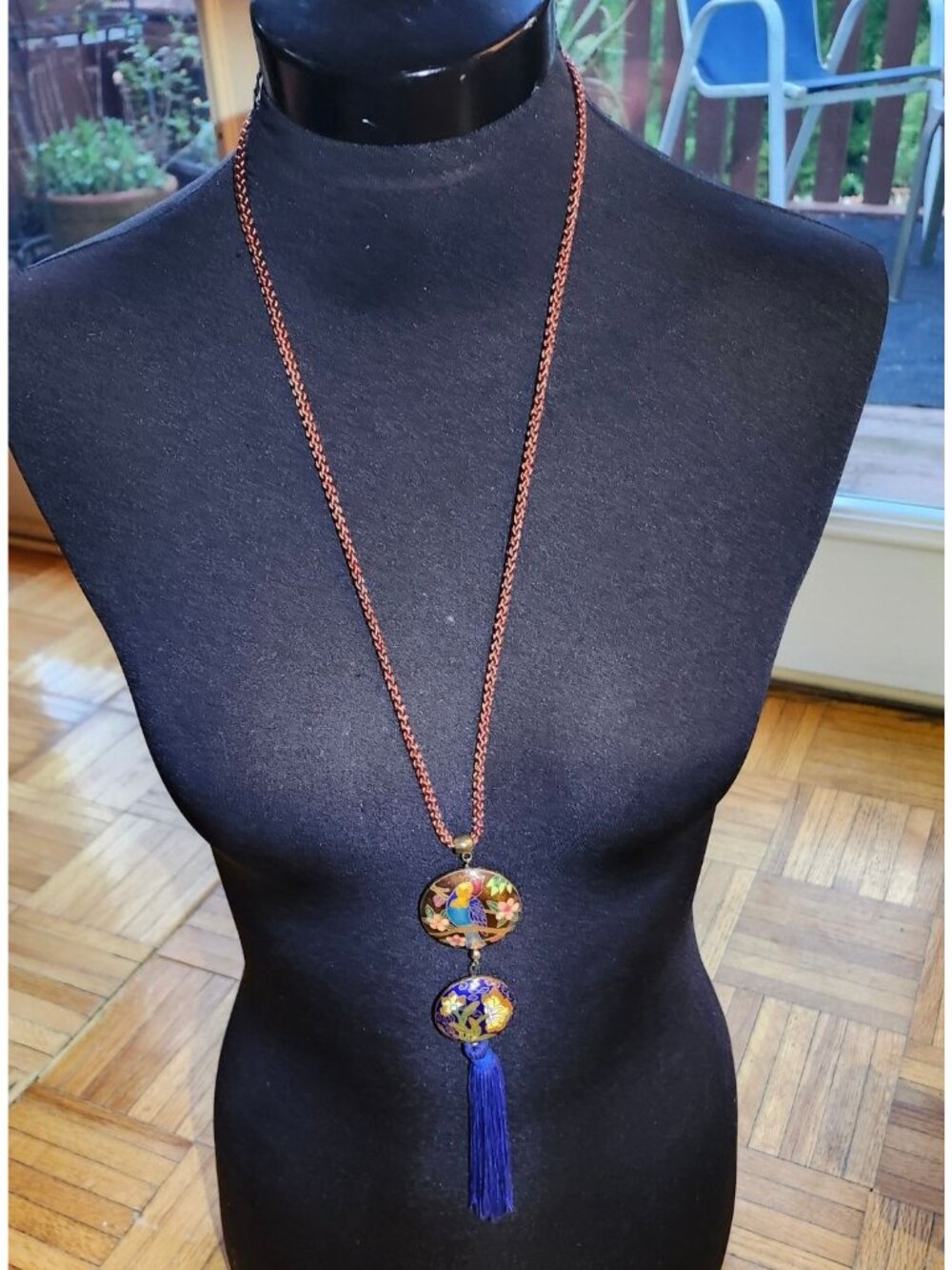 Vintage Cloisonné Double Pendant Necklace With Parrot & Floral Motif  Royal Blue - Picture 5 of 9